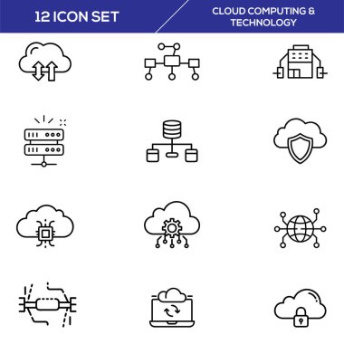 Bulut hesaplama teknolojisi simgeleri veri depolama ve ağ çözümlerini gösterir.