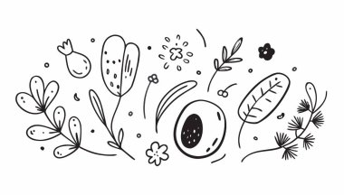 Büyüleyici botanik karalama sanatı çiçekler, yapraklar ve tuhaf şekiller içerir..