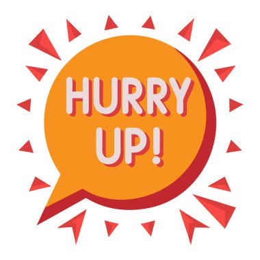 Acele metin ve kırmızı üçgen aksan tasarımı ile turuncu konuşma balonu.