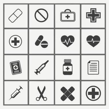 İlaç, kalp ve şırınga gibi sağlık sembolleri içeren sağlık ikonu seti.