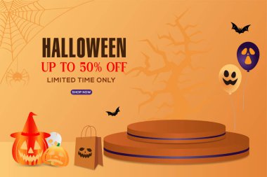 Cadılar Bayramı indirimi grafiği. Kabaklar, yarasalar, balonlar ve örümcek ağları..