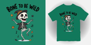 Cadılar Bayramı tasarımı için şapka ve ceketle dans eden iskelet karikatürü..