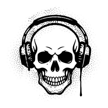 Müzik severler için siyah beyaz kulaklıklı kafatası grafik sanatı.