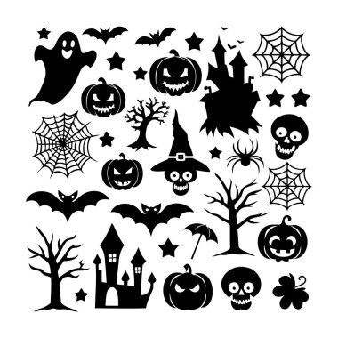 Cadılar Bayramı Simgeleri Siyah ve Beyaz Görüntü Ürkütücü Elementlerin Koleksiyonu