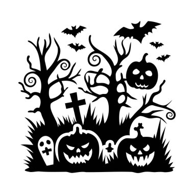 Cadılar Bayramı Korkunç Sahnesi Fenerler, Yarasalar ve Mezarlık Silueti