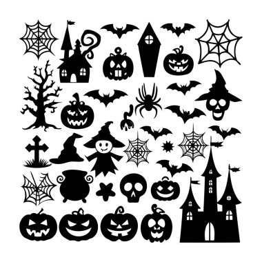 Cadılar Bayramı Simgeleri Siyah ve Beyaz Görüntü Ürkütücü Elementlerin Koleksiyonu