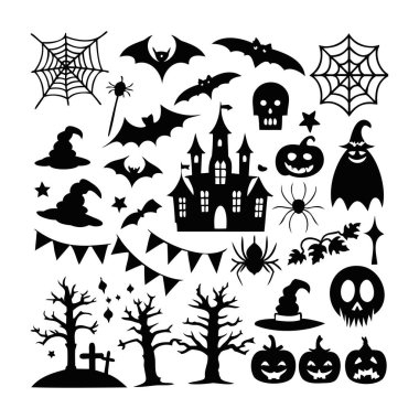 Cadılar Bayramı Simgeleri Yarasalar, Balkabakları, Kale, Örümcekler, Cadı Şapkaları - Siyah Siluet Clipart