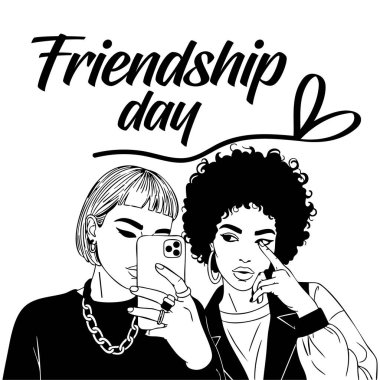 Siyah ve Beyaz Arkadaşlık Günü İllüstrasyonu Kız Birlikteliğini ve Siluetini Kutluyor