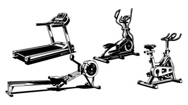 Siluet Fitness Ekipmanı Spor Makineleri Koşu bandı Egzersizleri Bisiklet Kürekçisi Kardiyo Çalışması