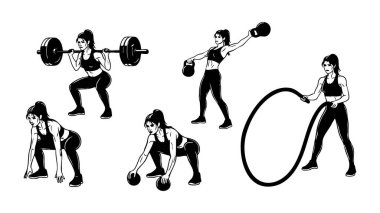 Kadınların Silueti Spor Salonunda Haltercilik Halterleri Savaş Halatları Siyah ve Beyaz Sanatta