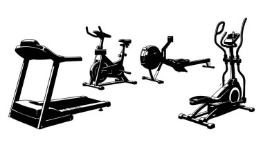 Siluet Spor Salonu Ekipmanı Koşu bandı Kürek Kürek Eliptik Vücut Çalışması Güçlendirme Eğitimi