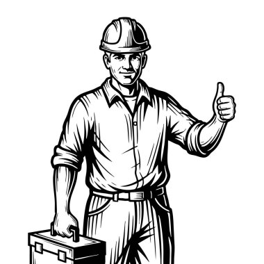 İnşaat İşçisi Çizgi Filmi İllüstrasyon Güvenliği Sert Şapka Araç Kutusu Grafik Tasarımı Silueti Başparmağında