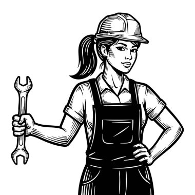 Kendine güvenen kadın mekanik Vintage Stili Spanner Siyah ve Beyaz Çizim İşçi silueti