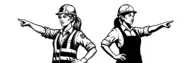 İnşaat Kadınları Yönlendirme Siyah ve Beyaz Vektör Resimleri İş Güvenliği Silüeti