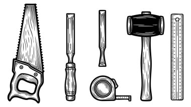 Ahşap İşletme Aletleri Çizimi Keski Kaset Tokmak Cetvel Marangozluk Projesi ve silüeti