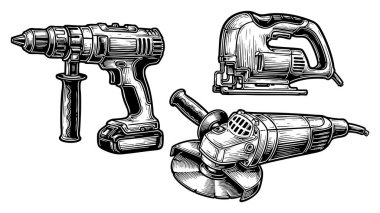 Güç Araçları İllüstrasyon Sondajı Yapboz Açı Öğütücü Ayrıntılı Siyah ve Beyaz Grafik Silüeti