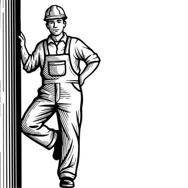 İnşaat İşçisi Silueti Siyah ve Beyaz Vektör İllüstrasyonu Kask Adam Vintage Hattı