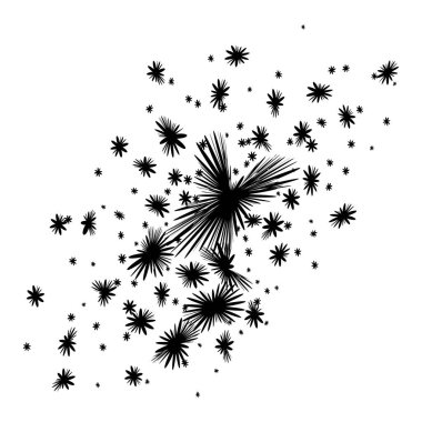 Siyah yıldız patlamaları temiz beyaz bir zemin üzerinde dans ederek büyüleyici bir soyut desen oluşturur. Monokrom tasarımında grafiksel zarafet.