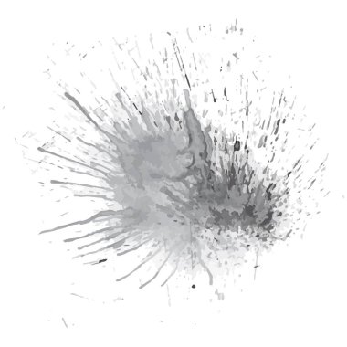 Soyut gri sıçrama elementi. Sıçrama efektleri olan dağınık bir mürekkep lekesi, beyaz arka plan üzerinde dinamik doku ve hareket yaratır..