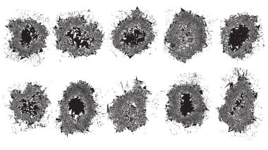 Geometrik desenli soyut şekillerin bir derlemesi. Benzersiz tasarım elementleri, dokuları ve kaplamaları için dijital patlamaların çarpıcı siyah beyaz görüntüleri.