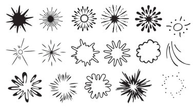 15 adet el yapımı güneş patlaması ve yıldız patlaması. Sanat ve tasarım projeleri için vektör biçiminde ideal grafik ögeleri.
