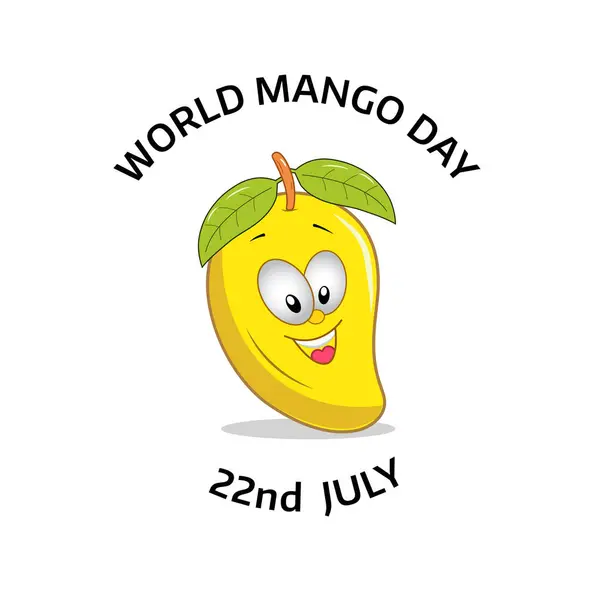 Dünya Mango Günü 22 Temmuz. Karikatür Emoji Mango Karakteri, Yaz Meyve Kutlaması Teması Şirin Vektör İllüstrasyonu.