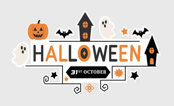 31 Ekim Cadılar Bayramı Balkabağı Yarasalı Hayalet Evi ve Düz Arkaplan EPS Biçiminde Ürkütücü Elementler Vektör İlülasyonu.