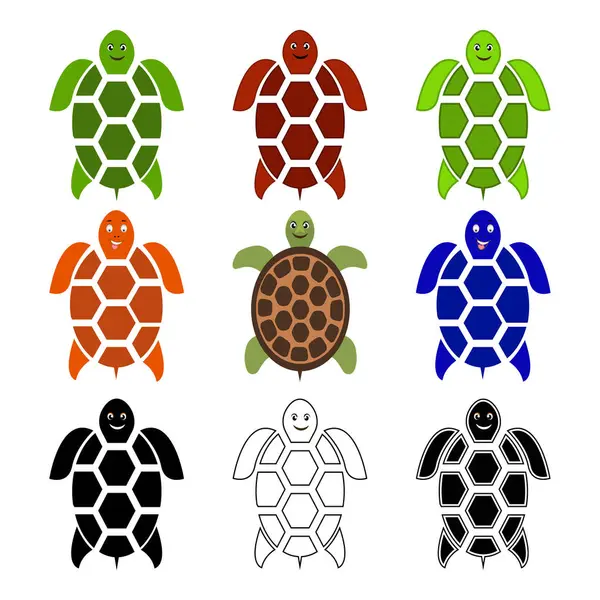 Düz Vektör Tarzı ile Deniz Kaplumbağası Görünümü Yeşil Turuncu ve Okyanus Yaban Hayatı İçin Mavi Renkler