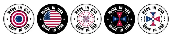 Beyaz Arkaplanda Ürün Etiketlemesi İçin Siyah ve Beyaz Kontrast Altında Eğri Yazılı ABD Dairesel Rozetleri Yapımı 5 set.