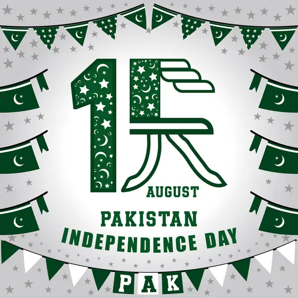 14 Ağustos Ulusal Olay Posteri ve Sosyal Medya Kullanımı İçin Asılı Bayraklarla ve Beyaz Renklerle Pakistan Bağımsızlık Günü Tasarımı.