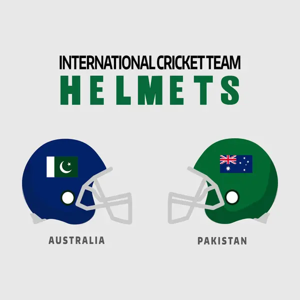 Avustralya ve Pakistan Miğferleri ile Kriket Maçı İllüstrasyonu Spor Posteri ve Uluslararası Oyun Tanıtımı İçin Düz Vektör Bayrakları