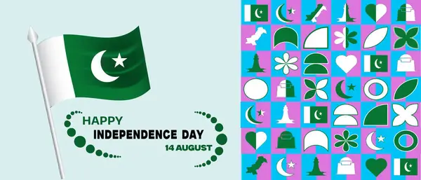 Ulusal Bayrak, Minar e Pakistan, Hilal, Yıldız ve Kültürel Simgeler Şebeke Kalıbında 14 Ağustos Kutlama Posteri ve Sosyal Medya Tasarımı