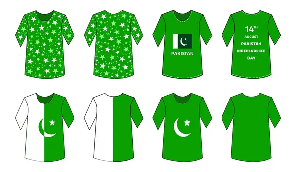 Pakistan Bağımsızlık Günü 14 Ağustos 'ta Ulusal Bayrak, Hilal, Yıldız ve Vatanseverlik Giysileri ve Kutlama Giysileri için Kültürel Semboller içeren bir tişört tasarımı.