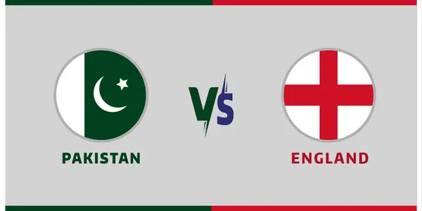 Uluslararası Kriket Maçı, Spor Posteri ve Ülke Kimliği Konseptinde Ulusal Bayrakların yer aldığı Pakistan, İngiltere 'ye Karşı Çember Rozet Vektör Tasarımı.