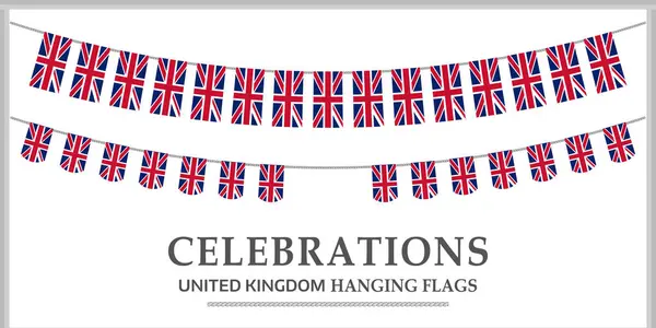 Ulusal Etkinlik ve Dekorasyon Kullanımı için Beyaz Arkaplanda İple Birleşmiş Krallık Bayrak Bayrak ve Kutlama Asma Seti.