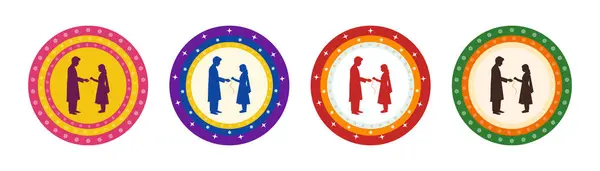 Raksha Bandhan Yassı Çember Rozet Kardeşler Siluetleri ile Beyaz Arkaplan 'da Selamlama ve Dekorasyon Kullanımı