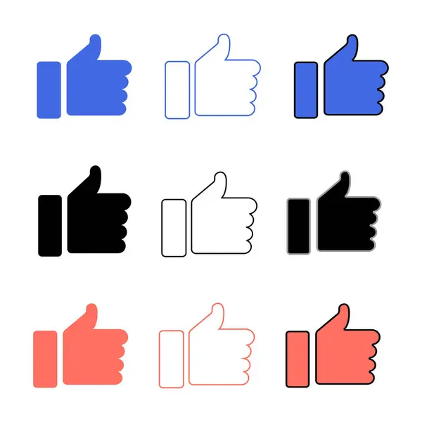 El Simgeleri gibi Mavi Siyah ve Mercan Doldurulmuş Kırmızı Başparmak Biçimleriyle Beyaz Arkaplanda Karışık Vektör