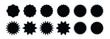 Logos Etiketleri Paket Yapıştırmaları ve Grafik Tasarım Şablonlarında Kullanılmak üzere Beyaz Düz Arkaplanda Dekoratif Yıldız patlaması ve Keskin Kenar Biçimleriyle Çember Rozet Ayarları