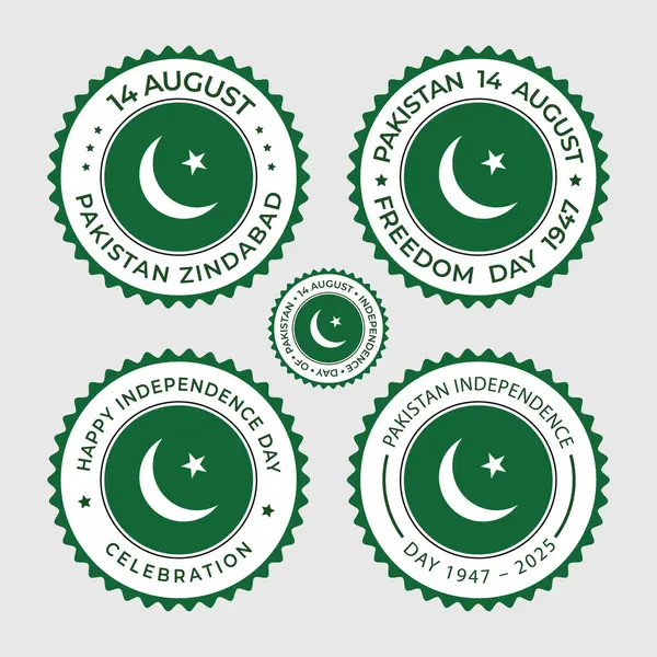 14 Ağustos Pakistan 'ın Bağımsızlık Günü Yeşil Hilal ve Yıldızlı Düz Gri Arkaplan Rozeti