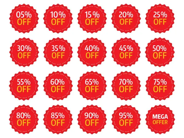 Yeni Gelen İndirim Etiketleri Koleksiyonu% 5 'ten% 95' e, Perakende Reklam için Kırmızı Rozetler, Görsel Tanıtım ve Basılı Satış Etiketleri
