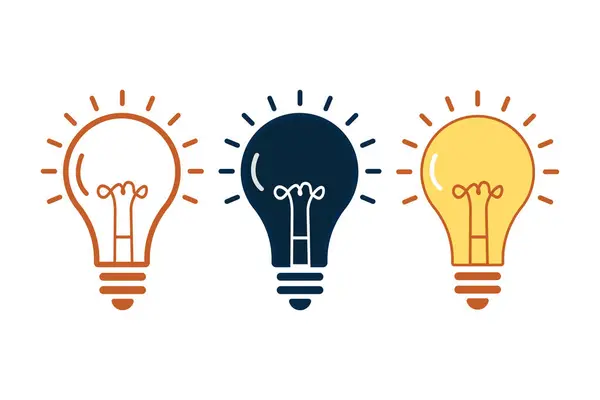 Yenilik ve Fikir Kavramları İçin Düz ve Dış Çizgi Biçimlerini Gösteren Çoklu Renklerde Üç Ampul Resimlerinin Seti