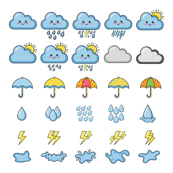 Mevsimsel vektör illüstrasyonları için karikatür tarzı hava ikonlarıyla şirin yağmur damlaları seti.