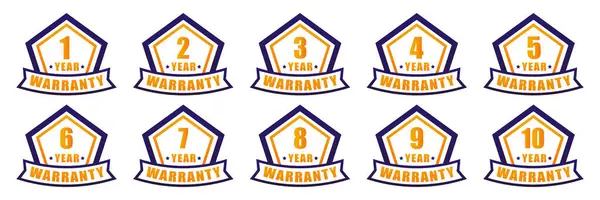 Beyaz arkaplan üzerinde mavi beşgen şekilleri, ürün etiketleri, kalite tasarımı ve dijital grafikler için temiz koleksiyon üzerinde altın numaralar içeren on adet garanti rozeti seti