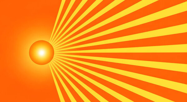 Яркая иллюстрация, изображающая светящийся оранжевый шар, излучающий сияющие желтые и оранжевые лучи на тёплом оранжевом фоне.