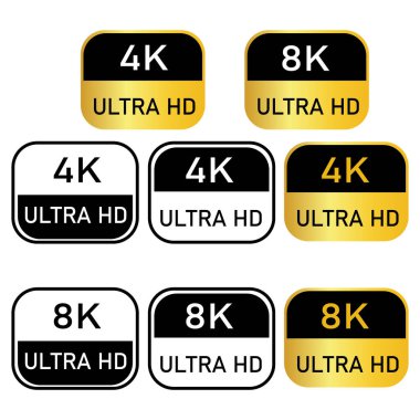 4K 8K Ultra HD Çözünürlük Etiketleri Yüksek Çözünürlüklü Kalite Simgeleri 4K 8K Ultra HD video format vektör simgesi seti. Yüksek çözünürlüklü web ekran sembolü, vektör illüstrasyonu