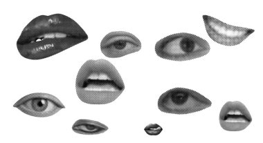  Yarım tonluk etki dudaklar dudaklar gülümseme, öfke, aşk, şok gerçeküstü siyah ve beyaz göz ve ağız kolajı gri arka planda izole.