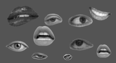  Yarım tonluk etki dudaklar dudaklar gülümseme, öfke, aşk, şok gerçeküstü siyah ve beyaz göz ve ağız kolajı gri arka planda izole.