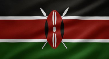 Kenya bayrağı dalgalanırken görülüyor, canlı siyah, kırmızı ve yeşil çizgilerini sergiliyor. Ulusal mirası ve kimliği temsil eden geleneksel bir kalkan ve mızrak amblemi merkezde bulunmaktadır. Kenya 'nın cesur sembolü.