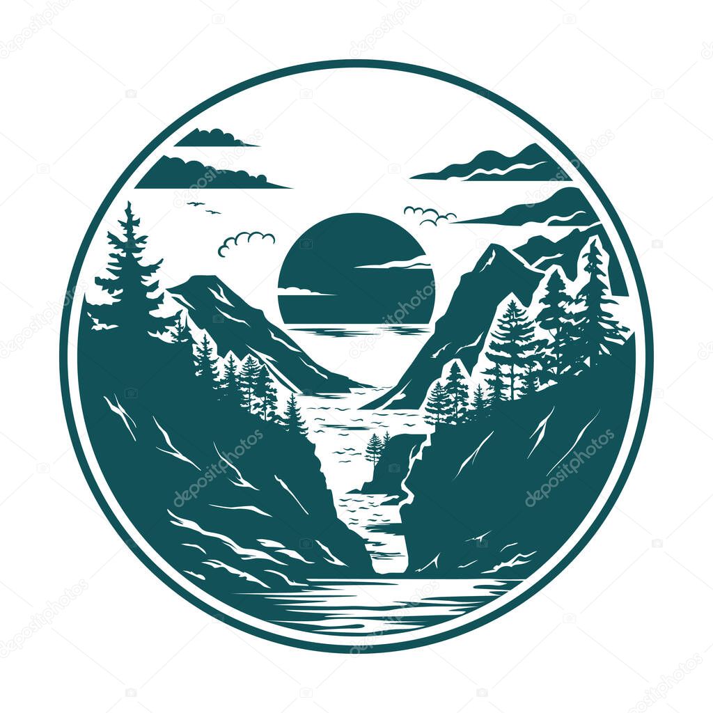 Vector landscape illustration in a circular frame, featuring mountains, pine trees, clouds, a central sun, and a flowing river between the peaks. Monochrome line art style, minimalist and ideal for nature-themed designs.