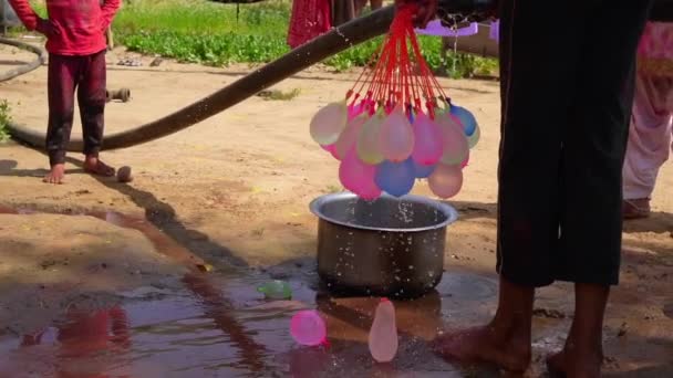 Filling Colorful Water Balloons Water Filling Colorful Balloons Water Close — Stock Video